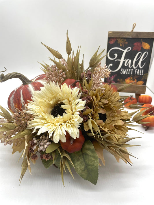 Fall Centerpiece with Pumpkins, Wheat & Faux Flowers in round wooden vase