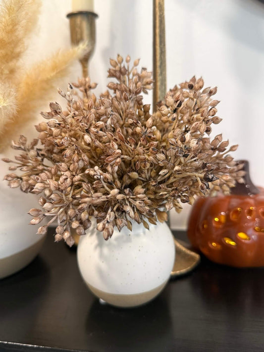 elegant lush realistic beige-brown wheat arrangement is small ivory beige vase