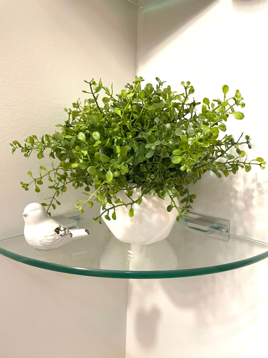 small faux plant in ceramic white vase pot on bathroom shelf