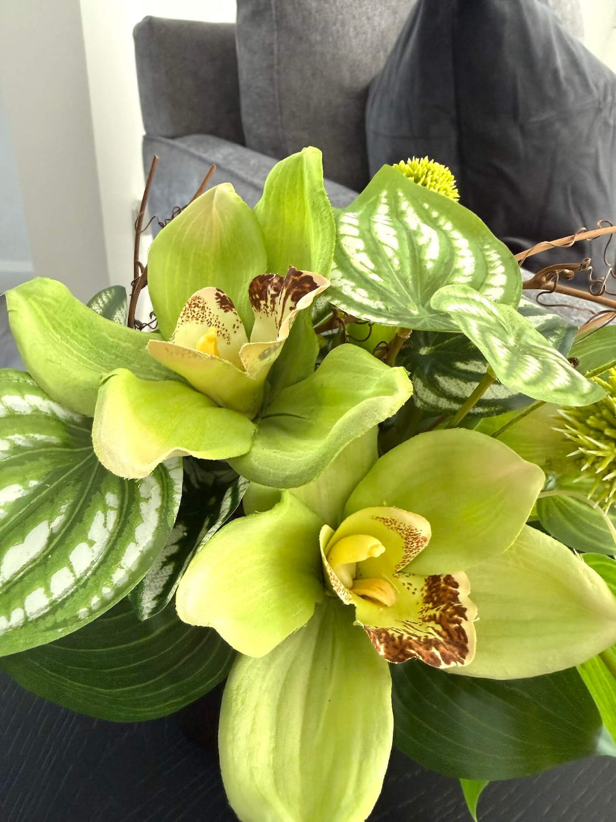 close up for realistic looking green orchid small arrangement with greenery in black ceramic vase