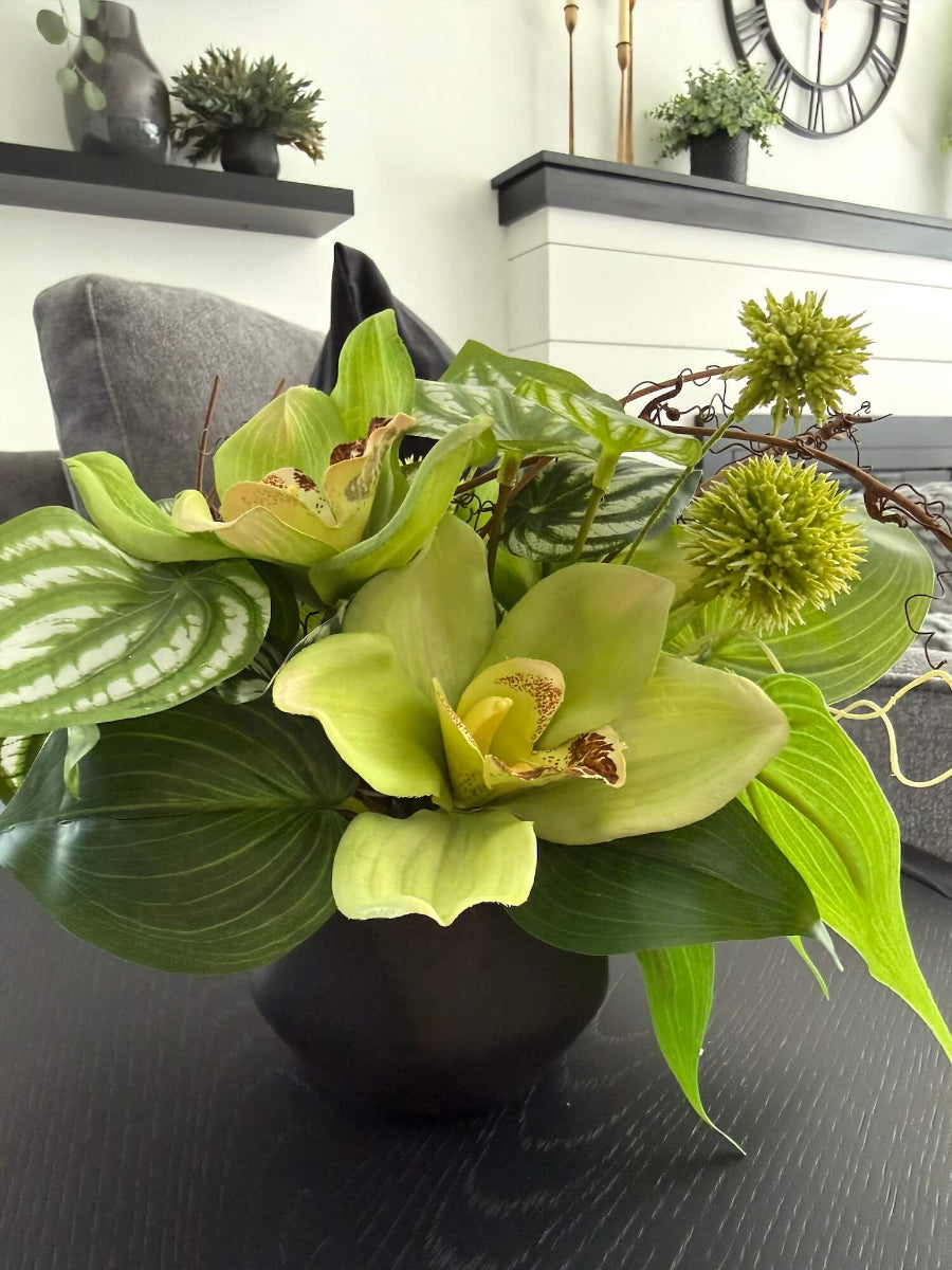 realistic looking green orchid small arrangement with greenery in black ceramic vase in living room