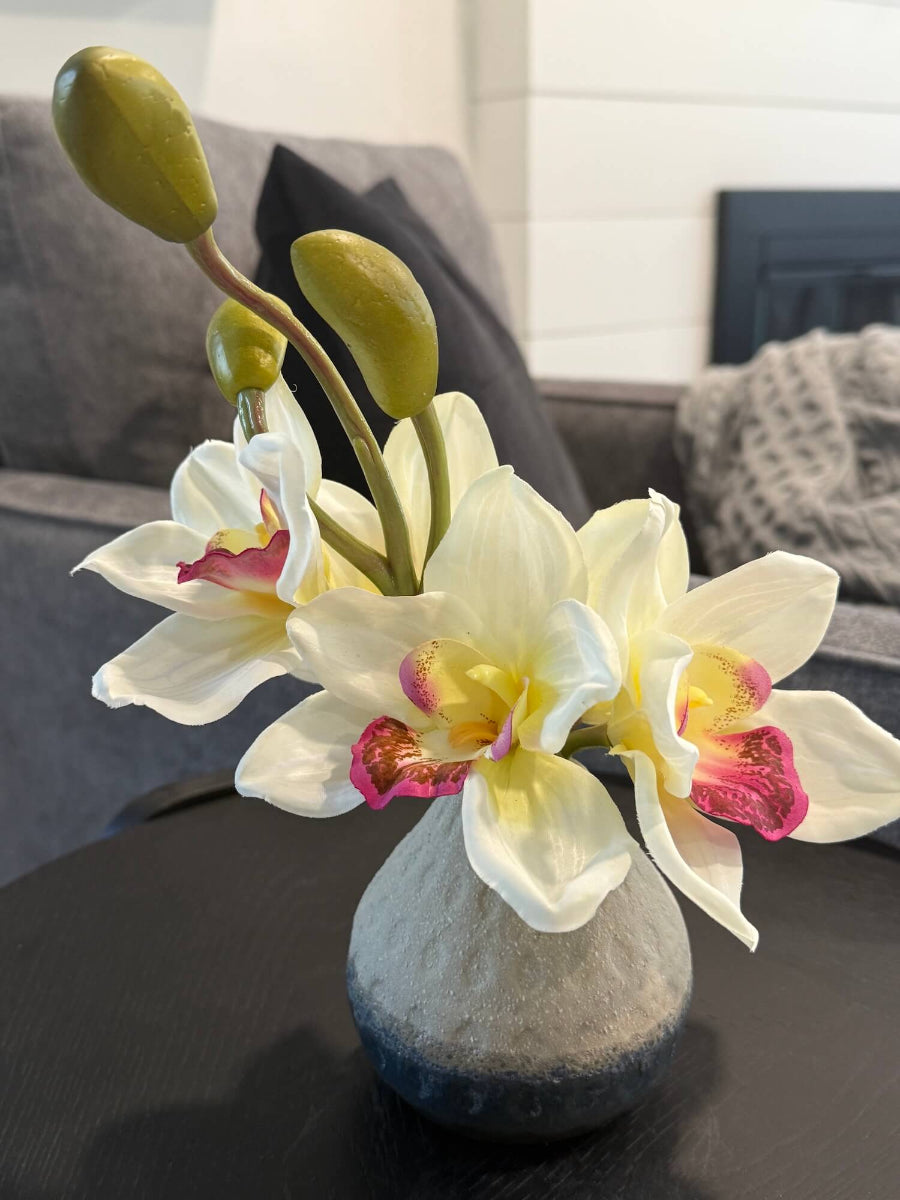 realistic looking small white orchid arrangement of five flowers and 3 buds in gray ceramic vase styled on coffee table