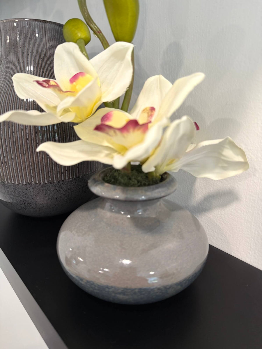 small white orchid arrangement in gray ceramic vase