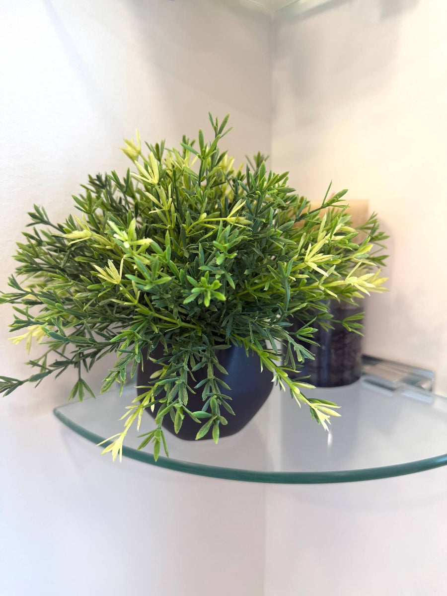 small vivid green realistic faux plant in black matte ceramic pot vase of geometric shape