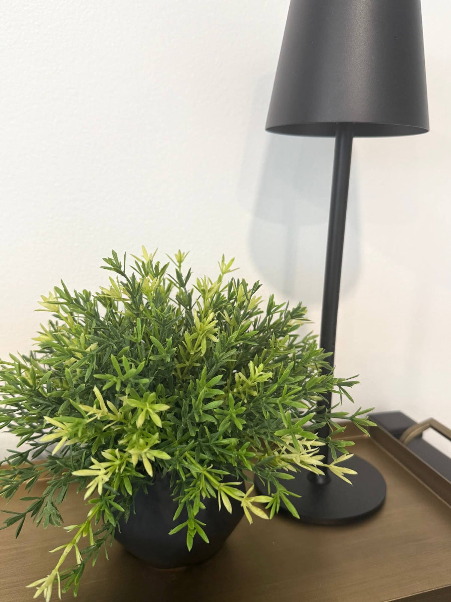 small vivid green realistic faux plant in black matte ceramic pot vase of geometric shape