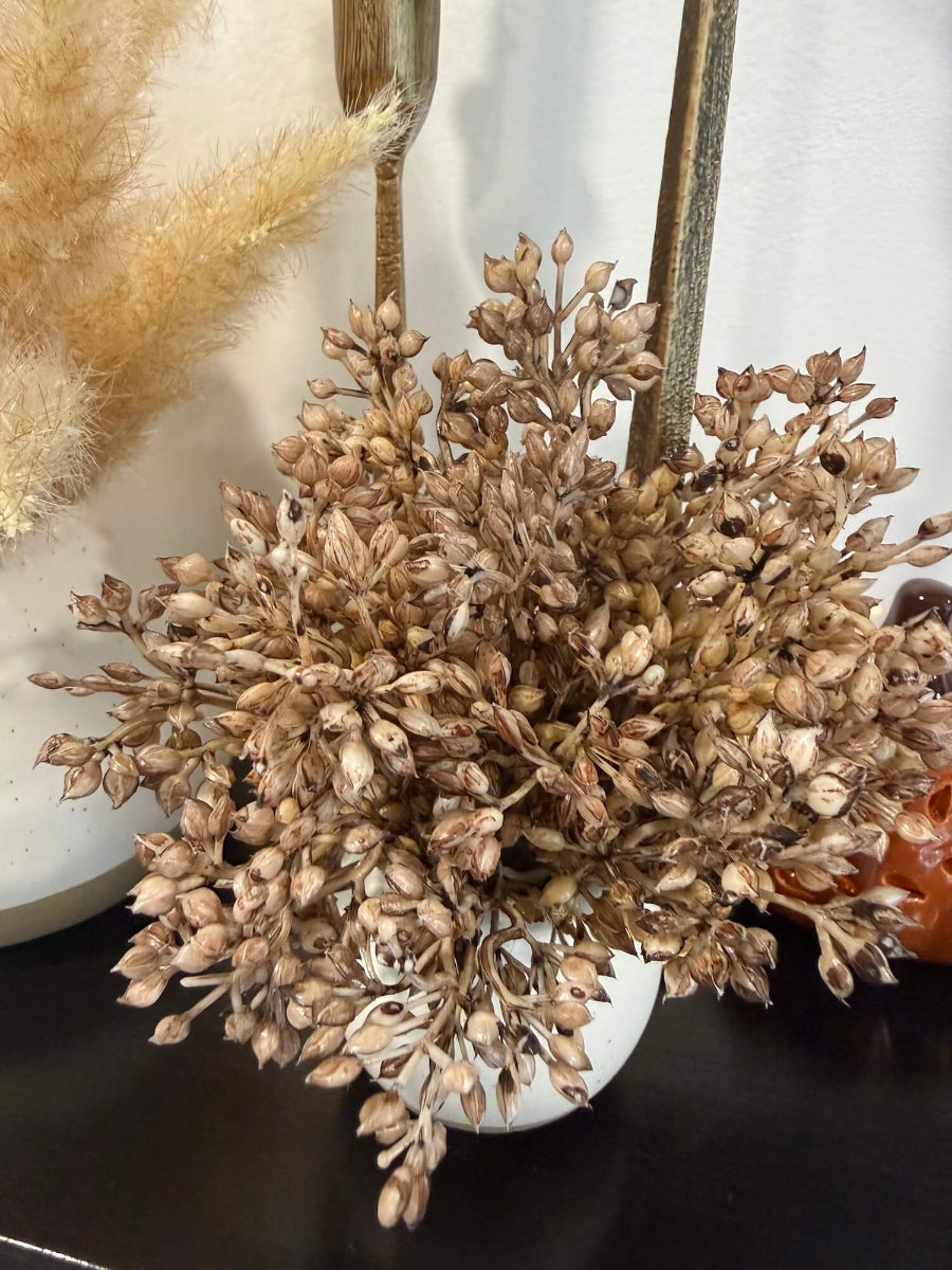 view from top of elegant lush realistic beige-brown wheat arrangement is small ivory beige vase