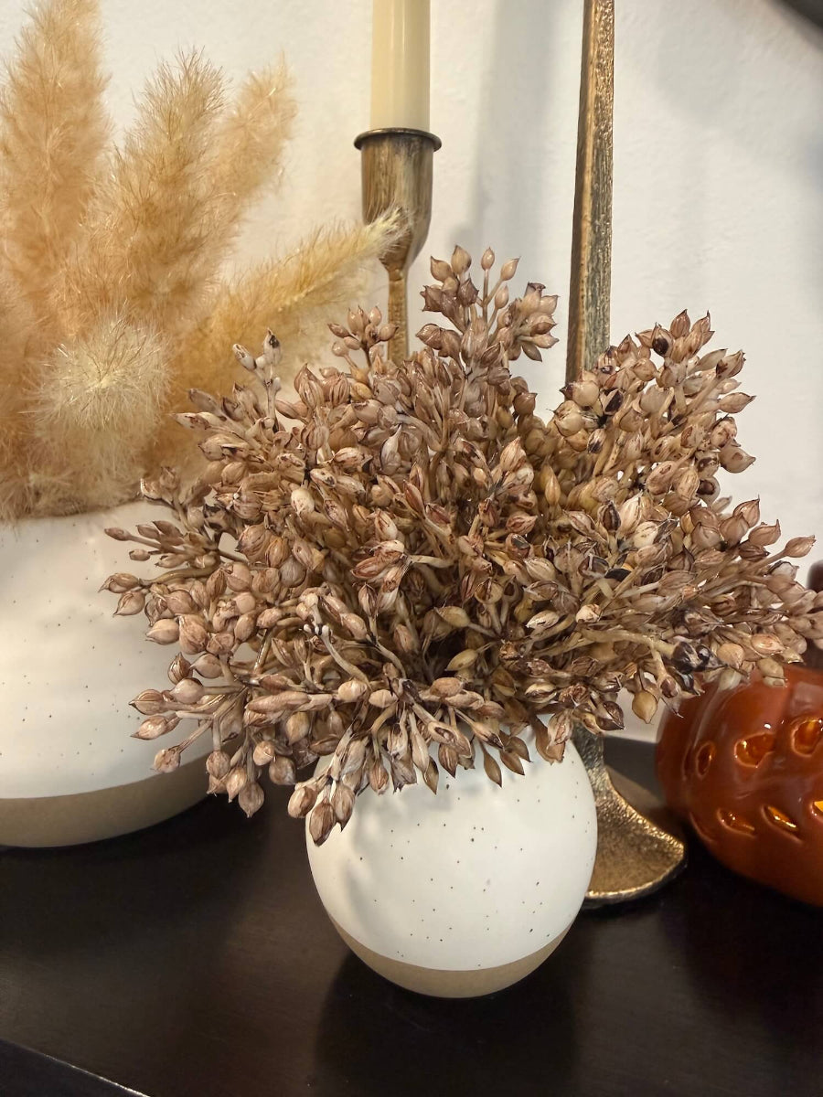 elegant lush realistic beige-brown wheat arrangement is small ivory beige vase