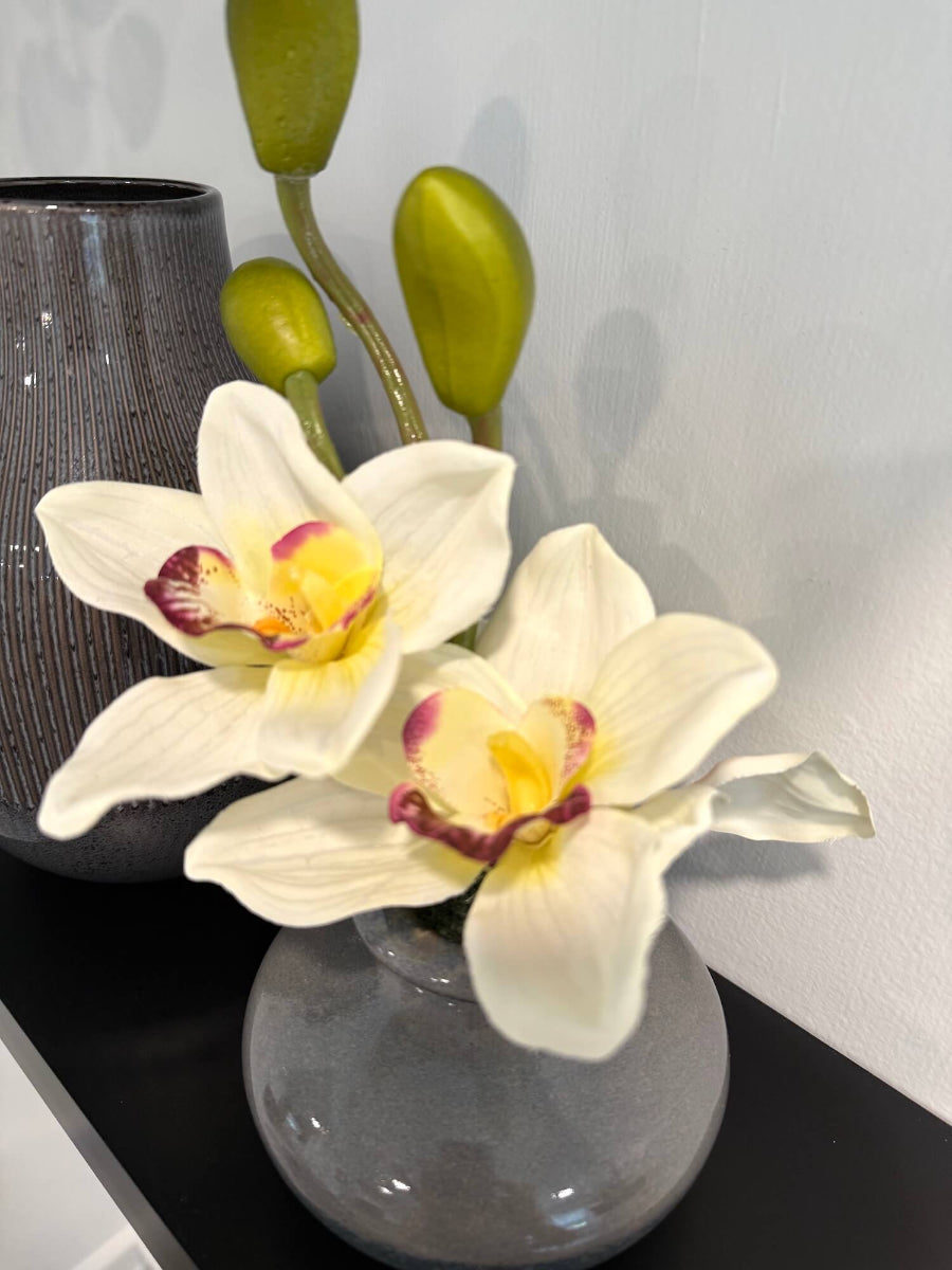 small white orchid arrangement in gray ceramic vase