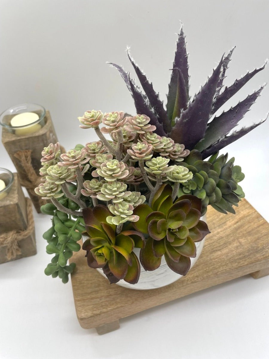 view from top of Potted Faux Succulents - mix of succulents in different size and style from beige through green to purple, realistic looking set in elegant ceramic vase pot in marble-like pattern in white and gray