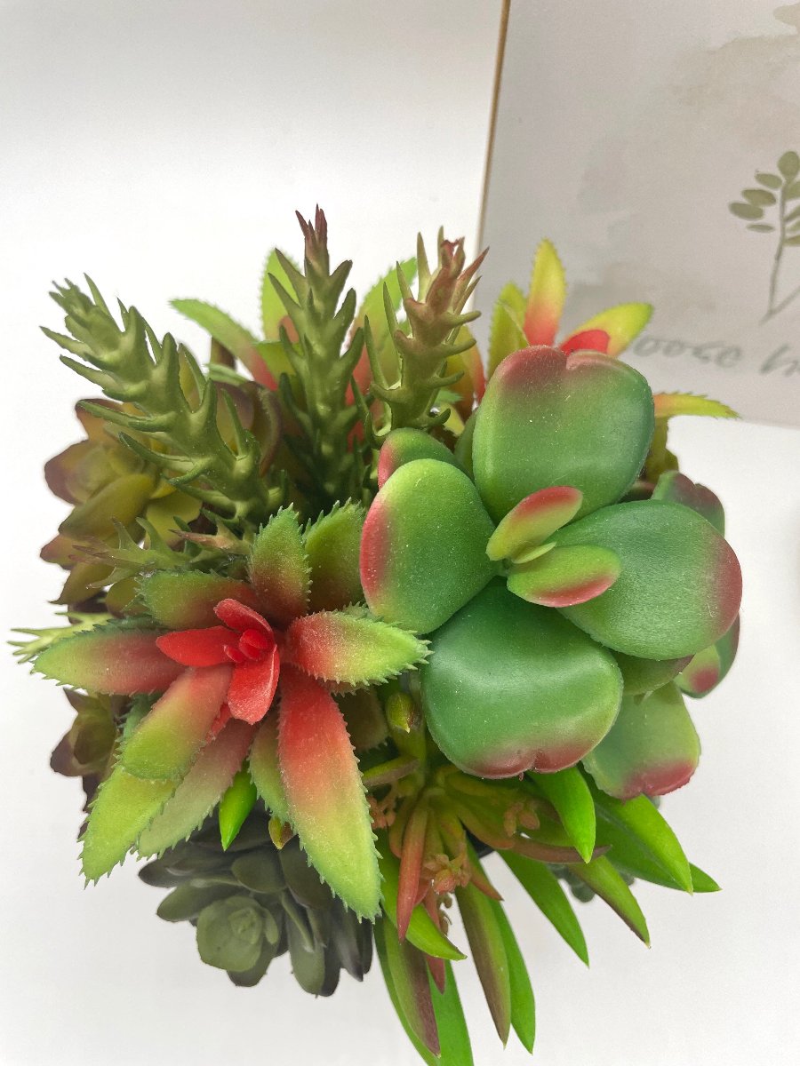 Realistic Potted Succulent Centerpiece-variety of succulents in different shape and size in different shades of green set in textured black pot vase
