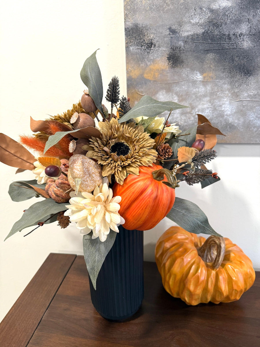 Tall Fall Centerpiece in Black Ceramic Vase with faux pumpkins, flowers, leaves 