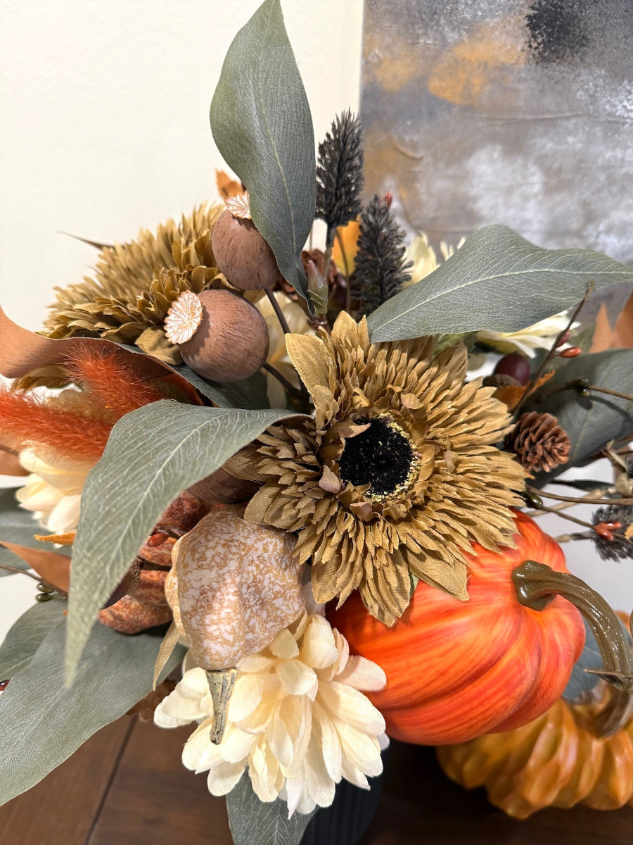 Tall Fall Centerpiece in Black Ceramic Vase with faux pumpkins, flowers, leaves 