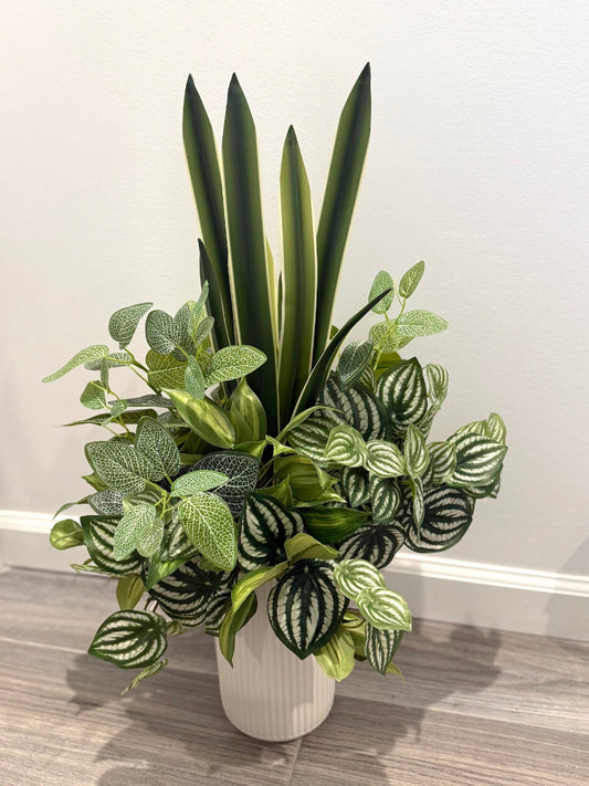 Tall Faux Plants for Floor-mix of 4 green-white leaves plants in eleganttall ceramic vase