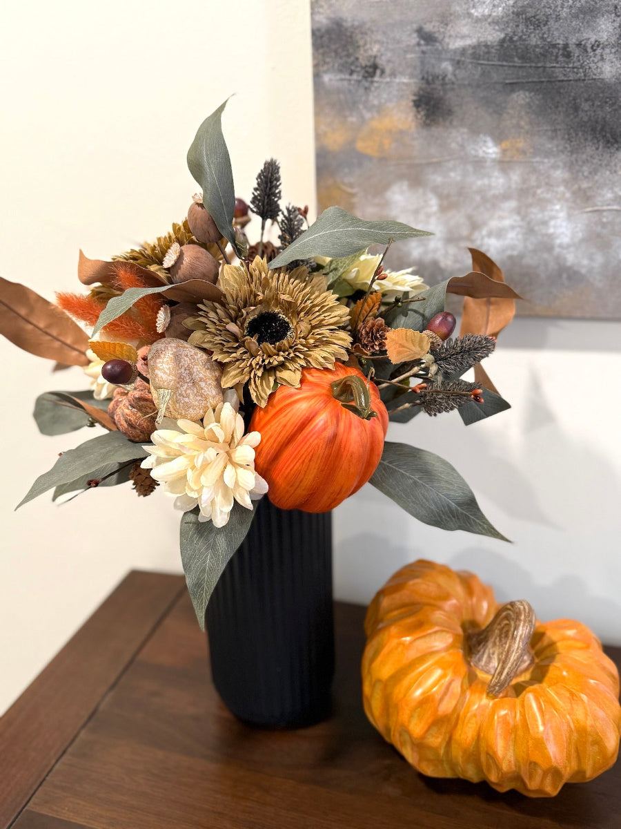Tall Fall Centerpiece in Black Ceramic Vase with faux pumpkins, flowers, leaves 