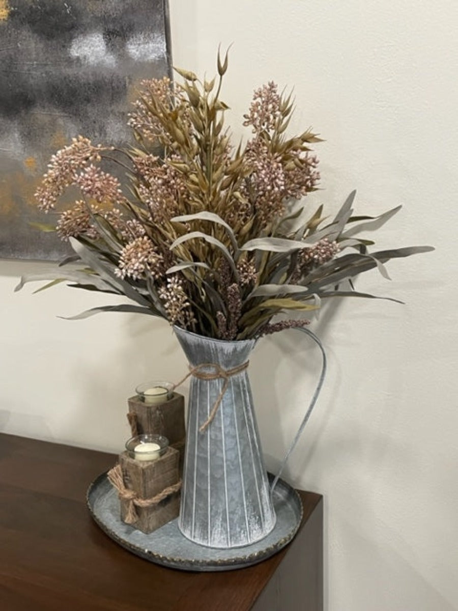 Tall Wheat Arrangement in Metal Can, Farmhouse Fall Home Decor, Autumn Stems in Galvanized Vase