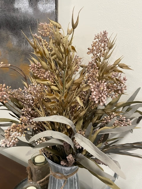 Tall Wheat Arrangement in Metal Can, Farmhouse Fall Home Decor, Autumn Stems in Galvanized Vase
