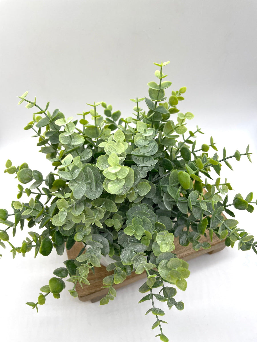 view from top of faux eucalyptus arrangement