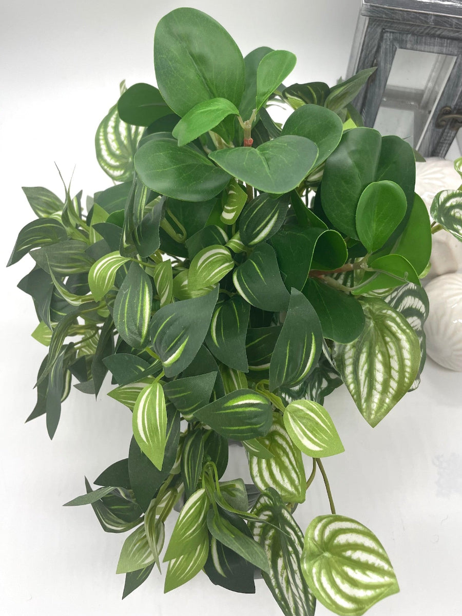 view from top of mix of variety of faux plants with green and green-white leaves in black ceramic pot