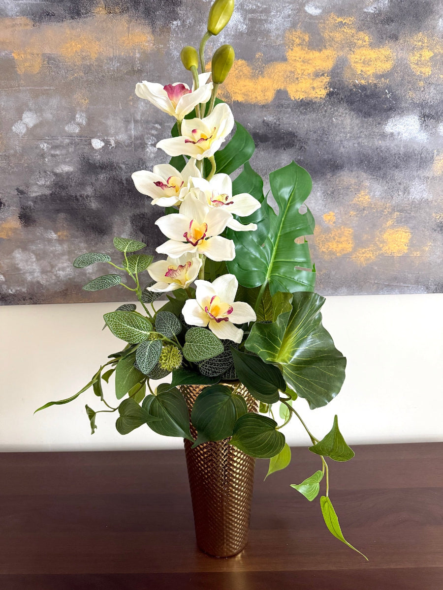 faux white orchid arrangement, tall tropical centerpiece in gold vase