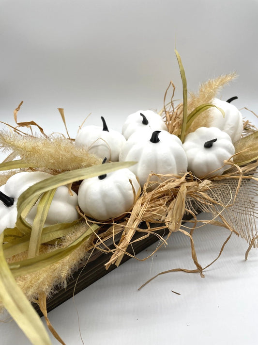 White Pumpkin Centerpiece, Rustic Autumn Arrangement, Fall Dining Table Decor