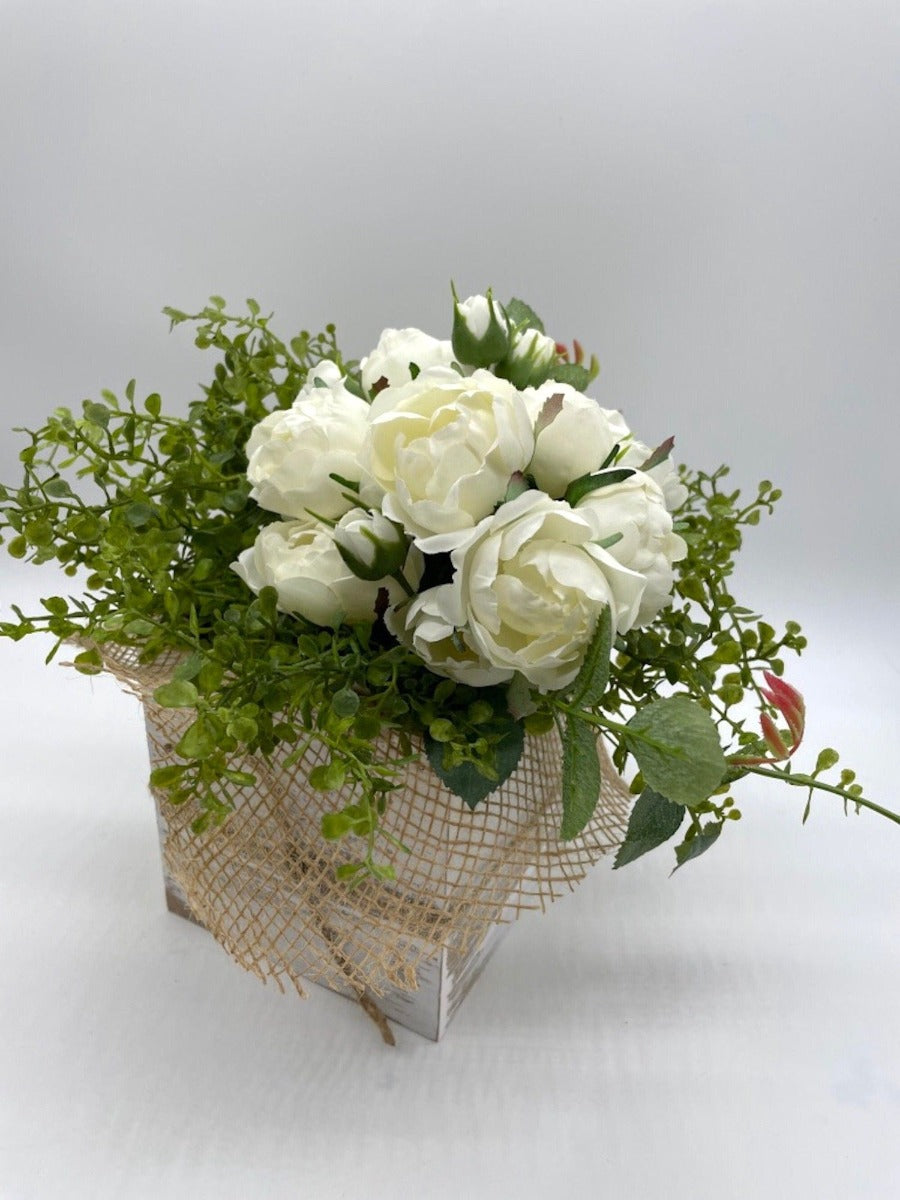 White Roses Arrangement, with realistic greenery n wooden whitewashed vase decorated with burlap and jute