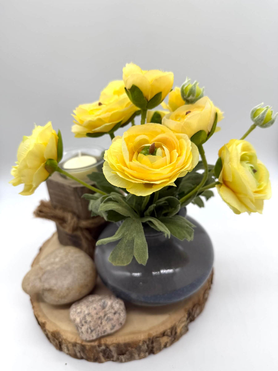 realistic yellow flower bouquet in gray ceramic vase