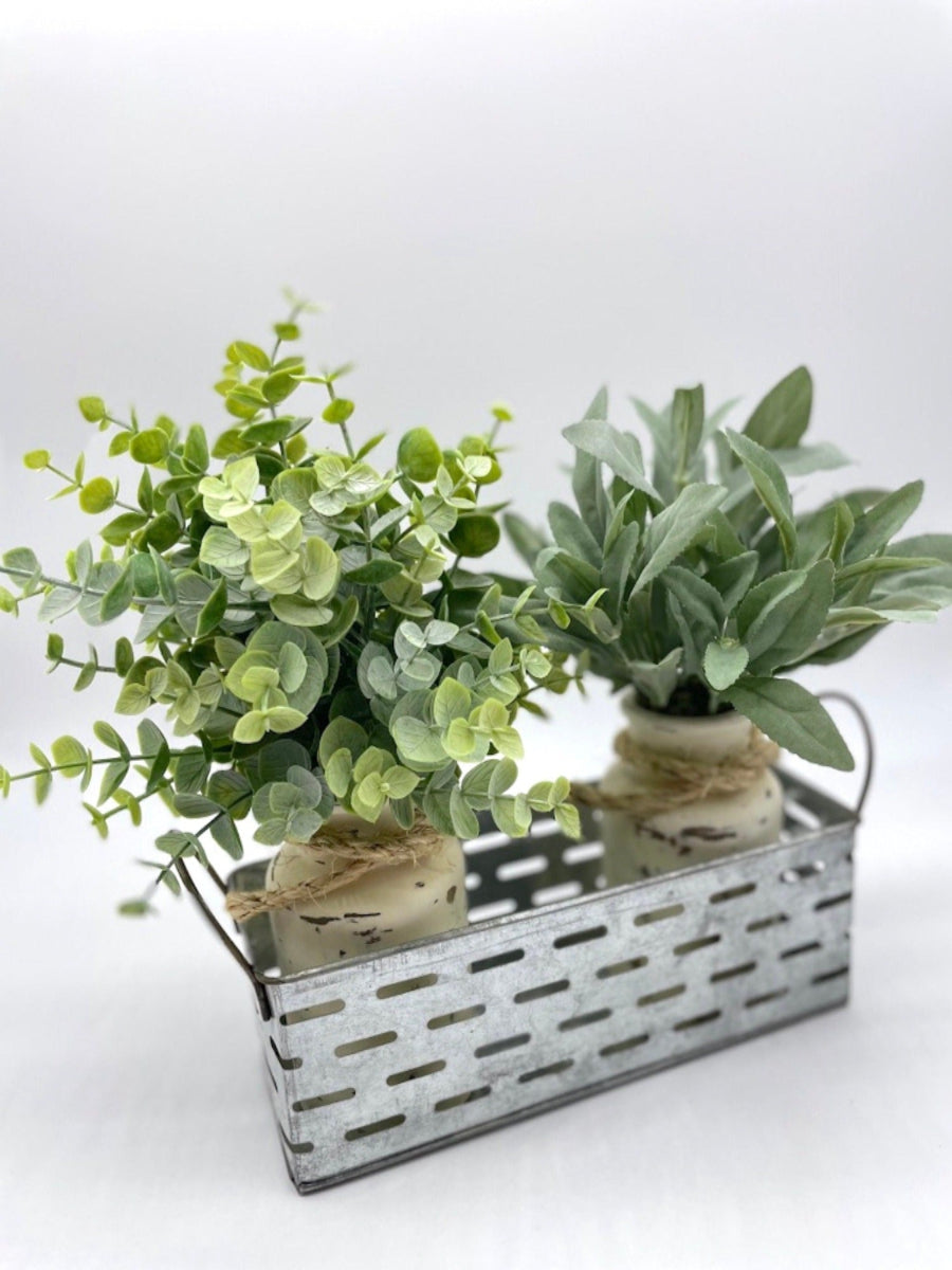 Artificial Herb -eicalyptus and sage -Plants in Metal Basket tray with two glass bottle vases painted in ivory and distressed and decorated with jute