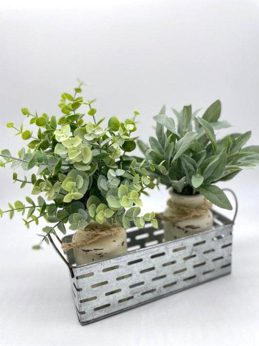 Artificial Herb -eicalyptus and sage -Plants in Metal Basket tray with two glass bottle vases painted in ivory and distressed and decorated with jute