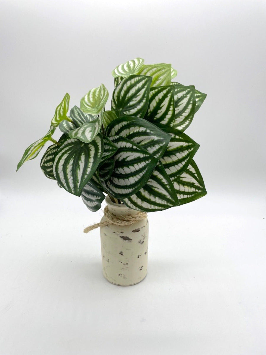 Big Leaf Fake Plants in Distressed Glass Vase, Modern Farmhouse Shelf Decor, by AllSeasonsHouseDecor
