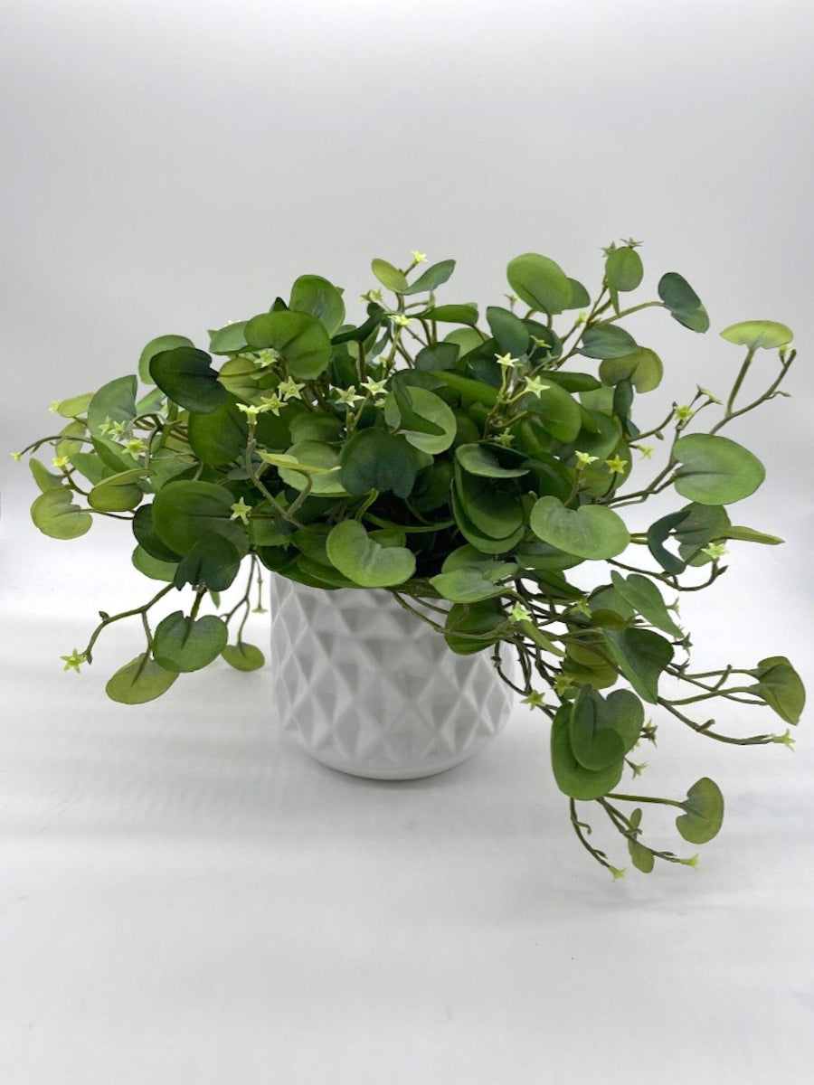 Fake green leaf Plant in White Ceramic Pot, Elegant Faux Greenery 