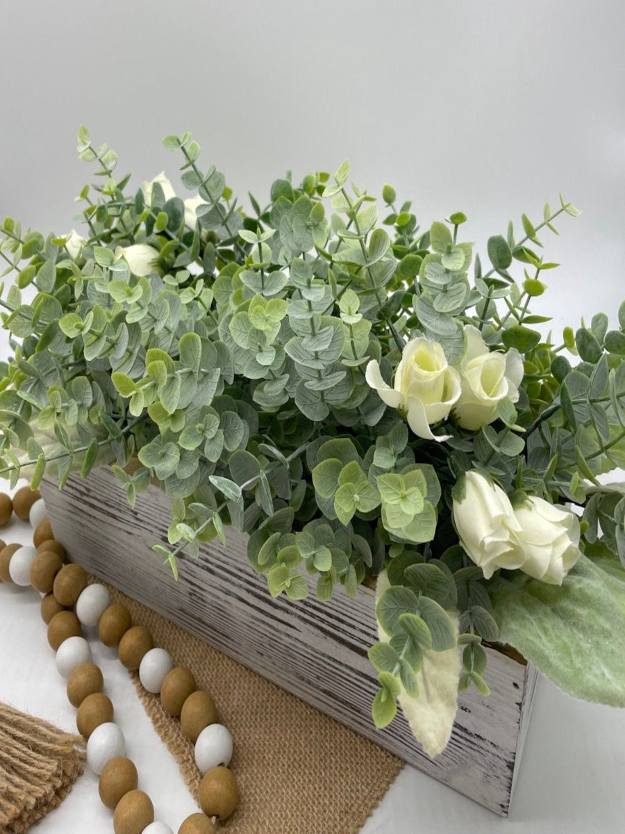 Elegant Greenery Centerpiece for Dining Table with faux eucalyptus, lambs ear and ivory roses