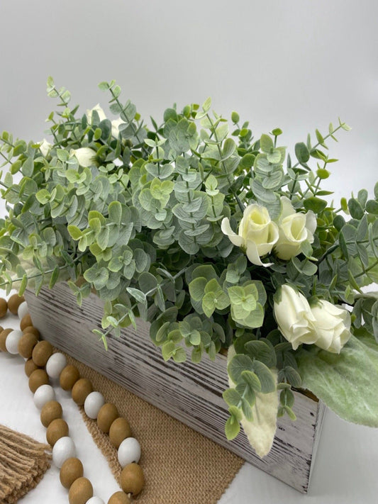 Elegant Greenery Centerpiece for Dining Table with faux eucalyptus, lambs ear and ivory roses