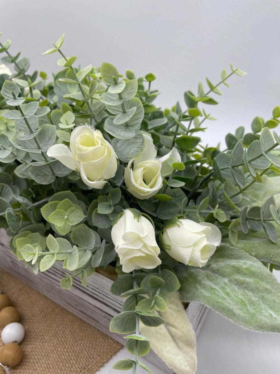 Elegant Greenery Centerpiece for Dining Table with faux eucalyptus, lambs ear and ivory roses