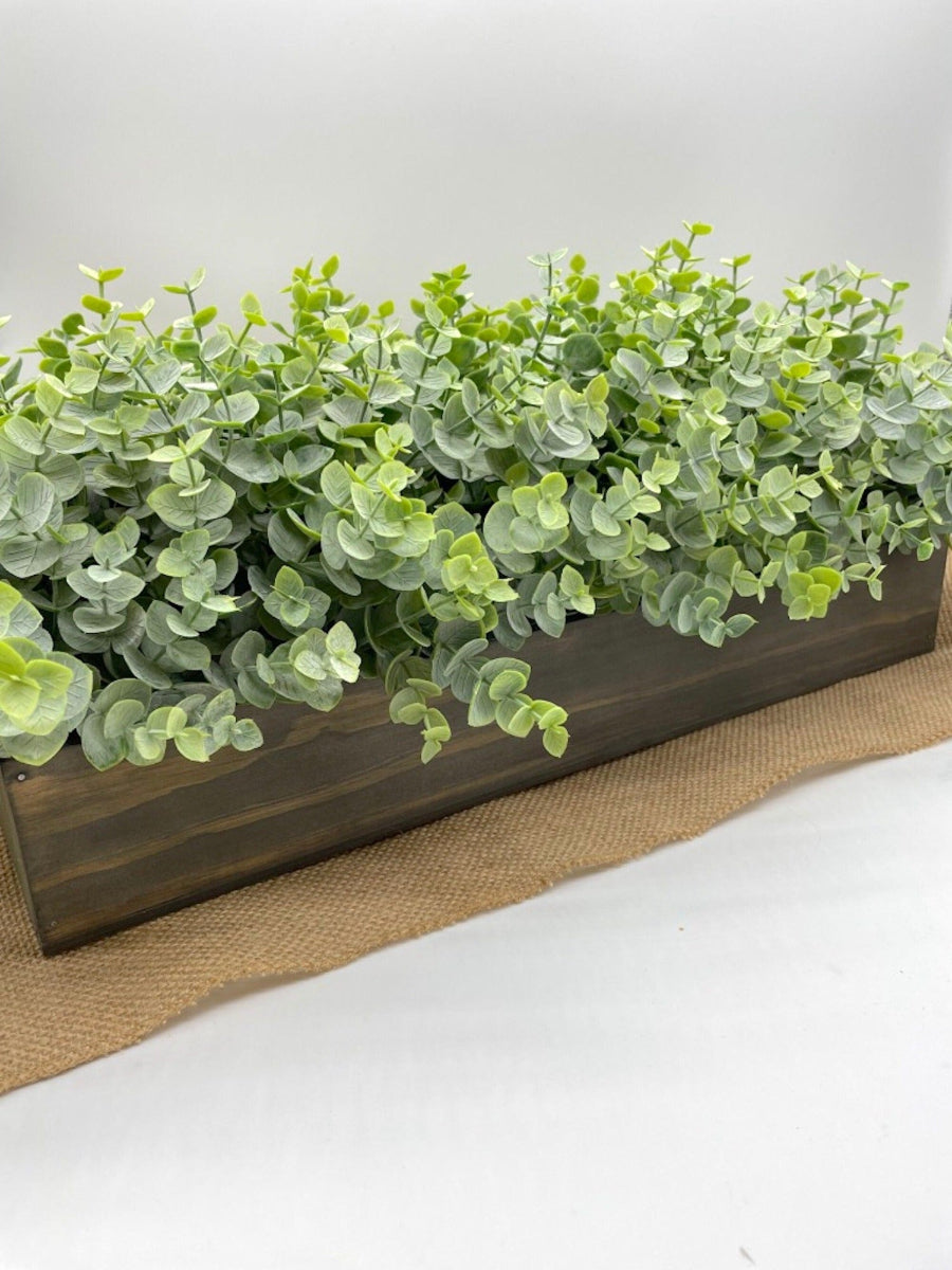 realistic faux Eucalyptus Centerpiece in wooden planter