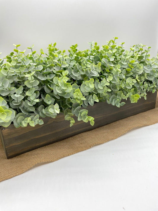 realistic faux Eucalyptus Centerpiece in wooden planter