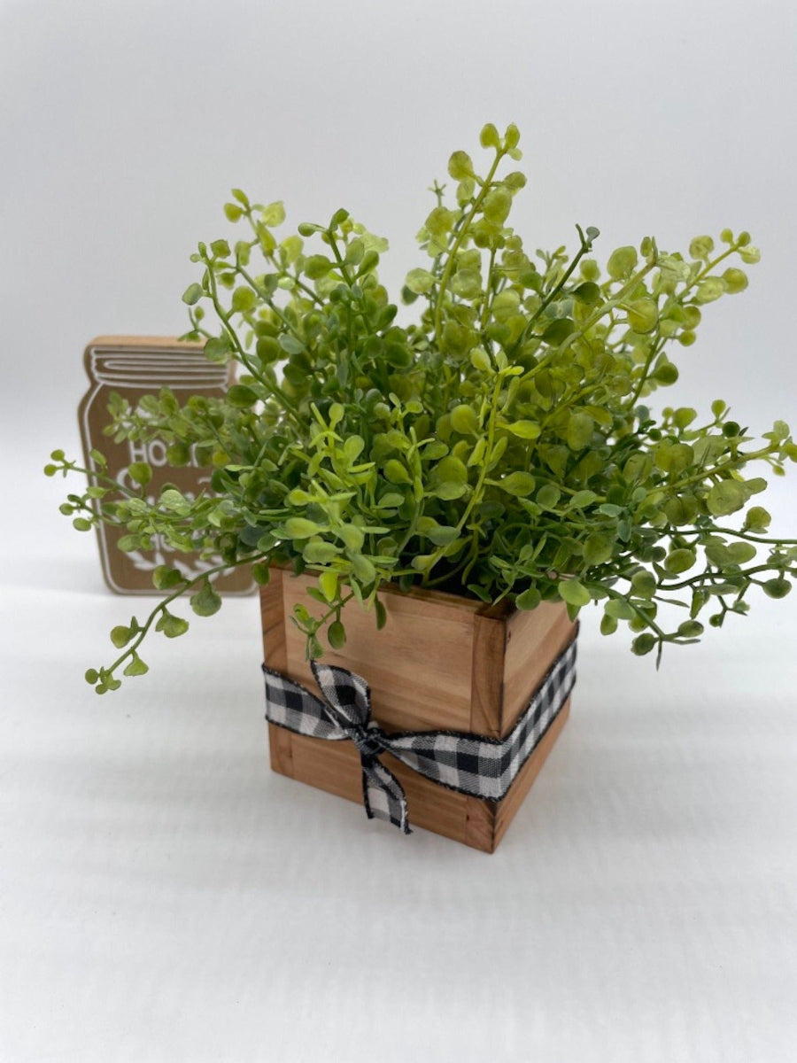 Faux Greenery in Rustic Wooden Planter, Fake Plants Home Decor, by AllSeasonsHouseDecor