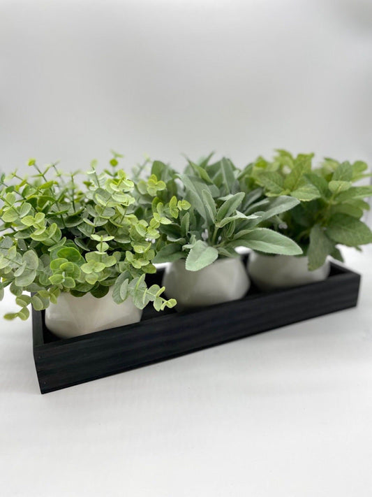 realistic Herb Themed Arrangement SET of 3 faux herbs: eucalyptus, mint, sage in white ceramic vases set on a black wooden tray
