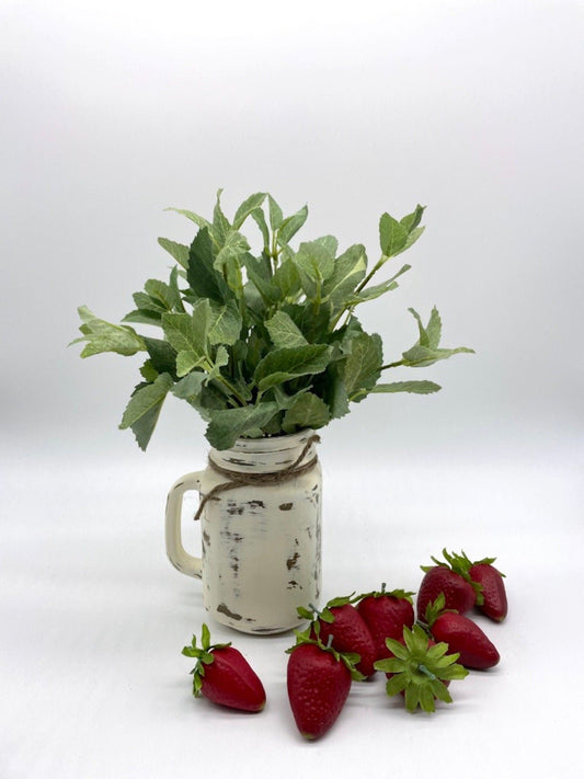 Faux Mint in Mason Jar painted in ivory and distressed and decorated with jute
