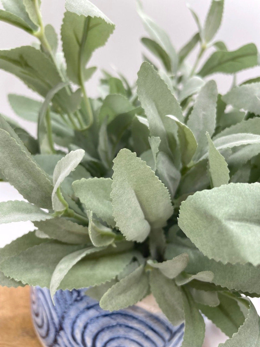 close up for realistic faux Sage Plant in Blue Ceramic Pot vase