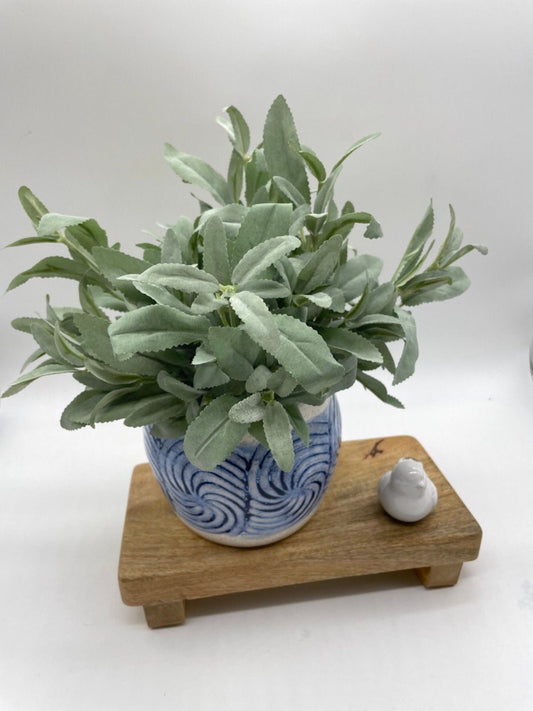 realistic faux Sage Plant in Blue Ceramic Pot vase