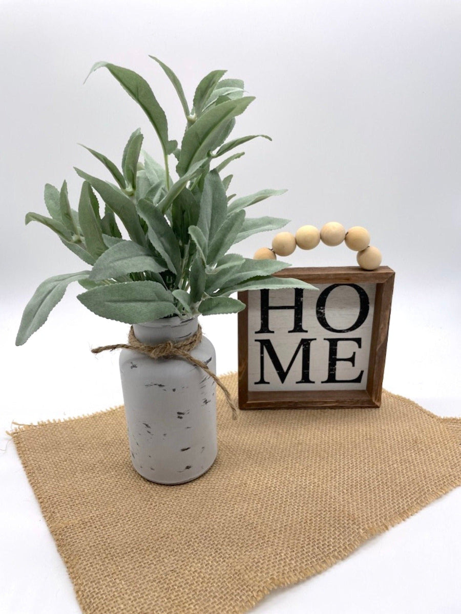 realistic Sage plant Arrangement in Gray bottle Vase - painted in gray and distressed, decorated with jute