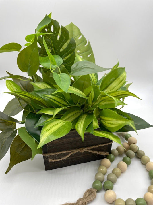 Elegant Fake Plants in Wooden Planter, Everyday Greenery Decor