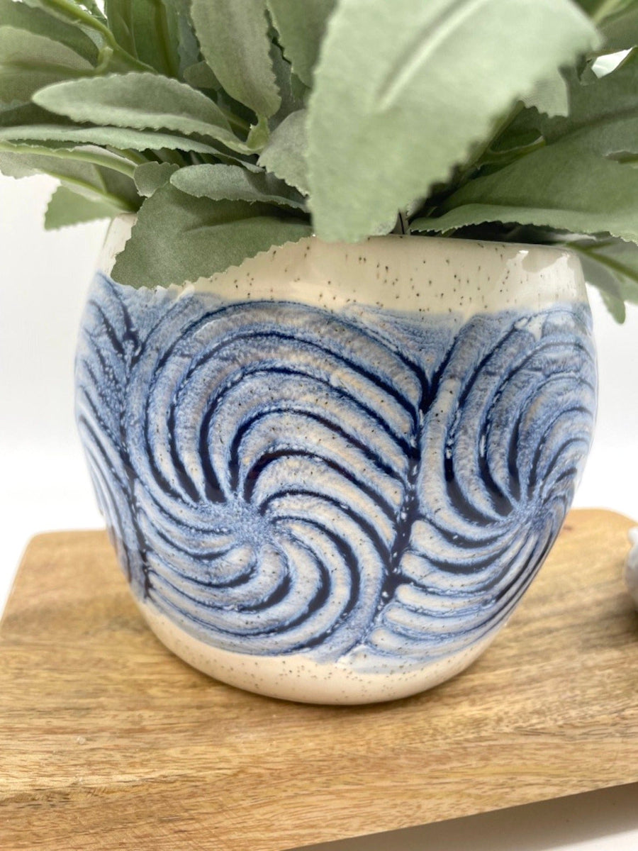 close up for realistic faux Sage Plant in Blue Ceramic Pot vase