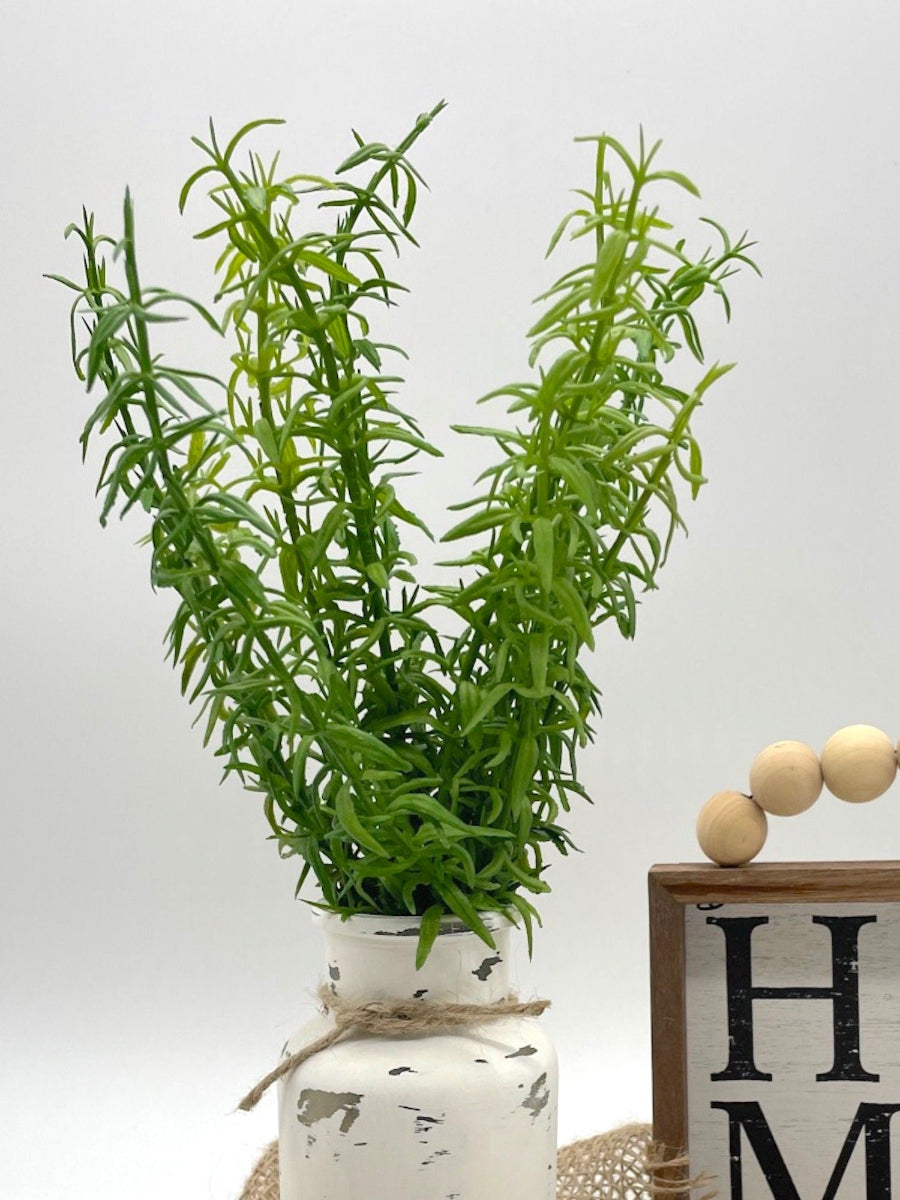 close up for vivid green faux Rosemary Arrangement in Bottle Vase painted in white and distressed and decorated with jute