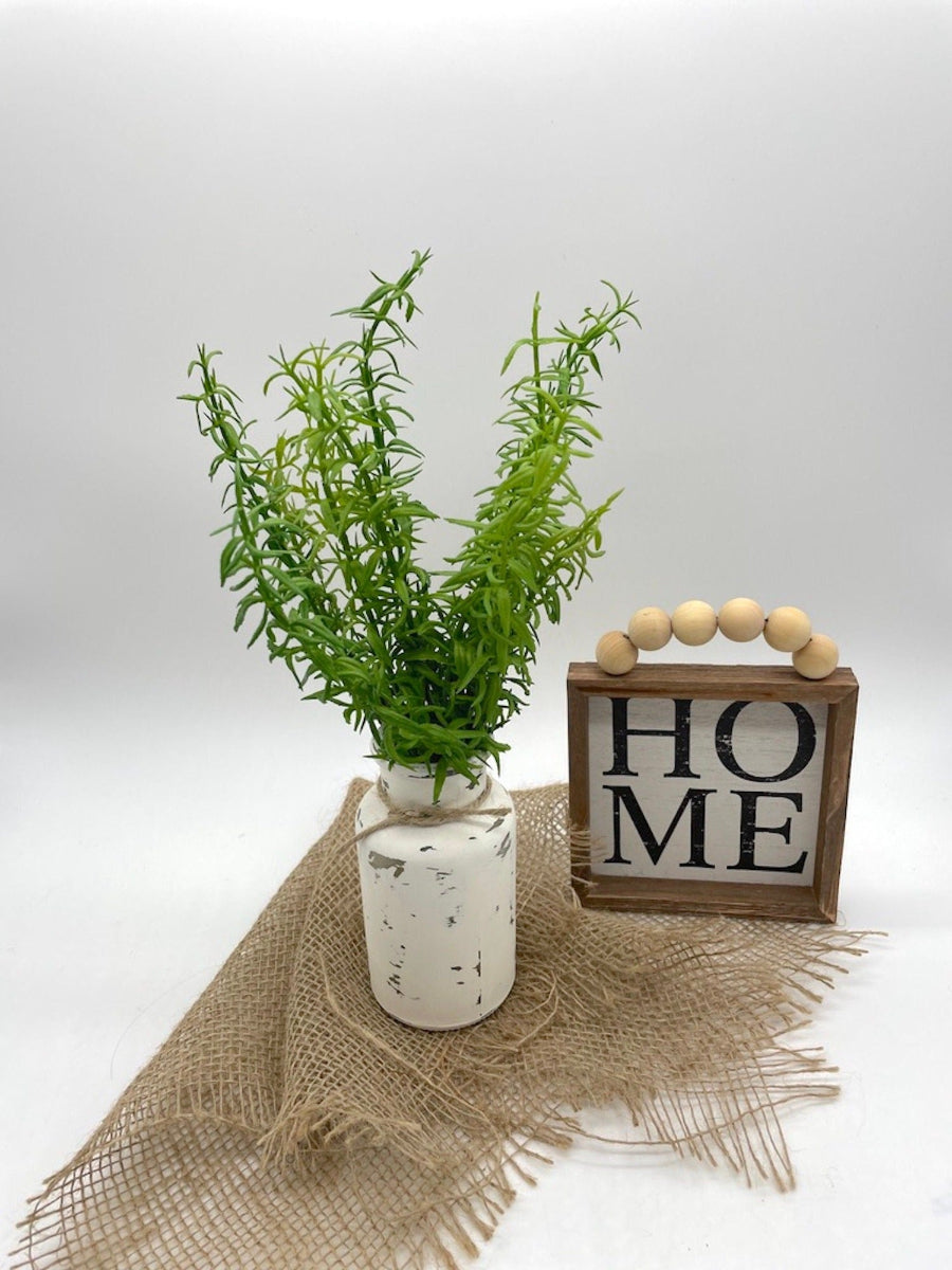 vivid green faux Rosemary Arrangement in Bottle Vase painted in white and distressed and decorated with jute