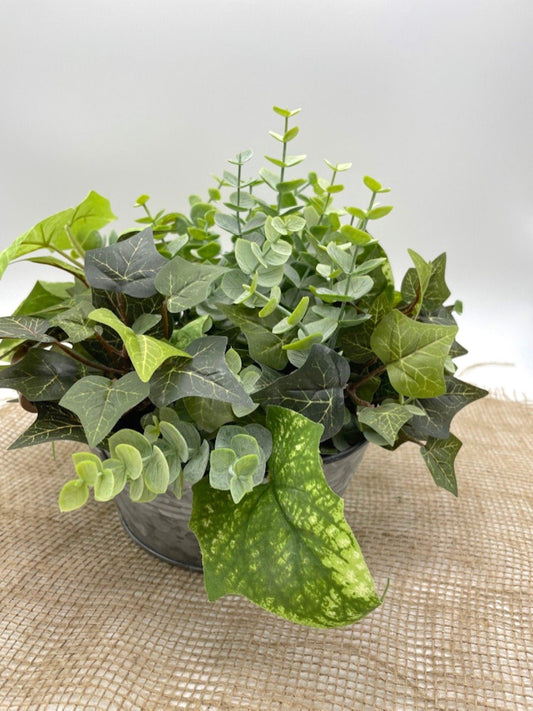 realistic Silk Plants Mix in round Metal Planter