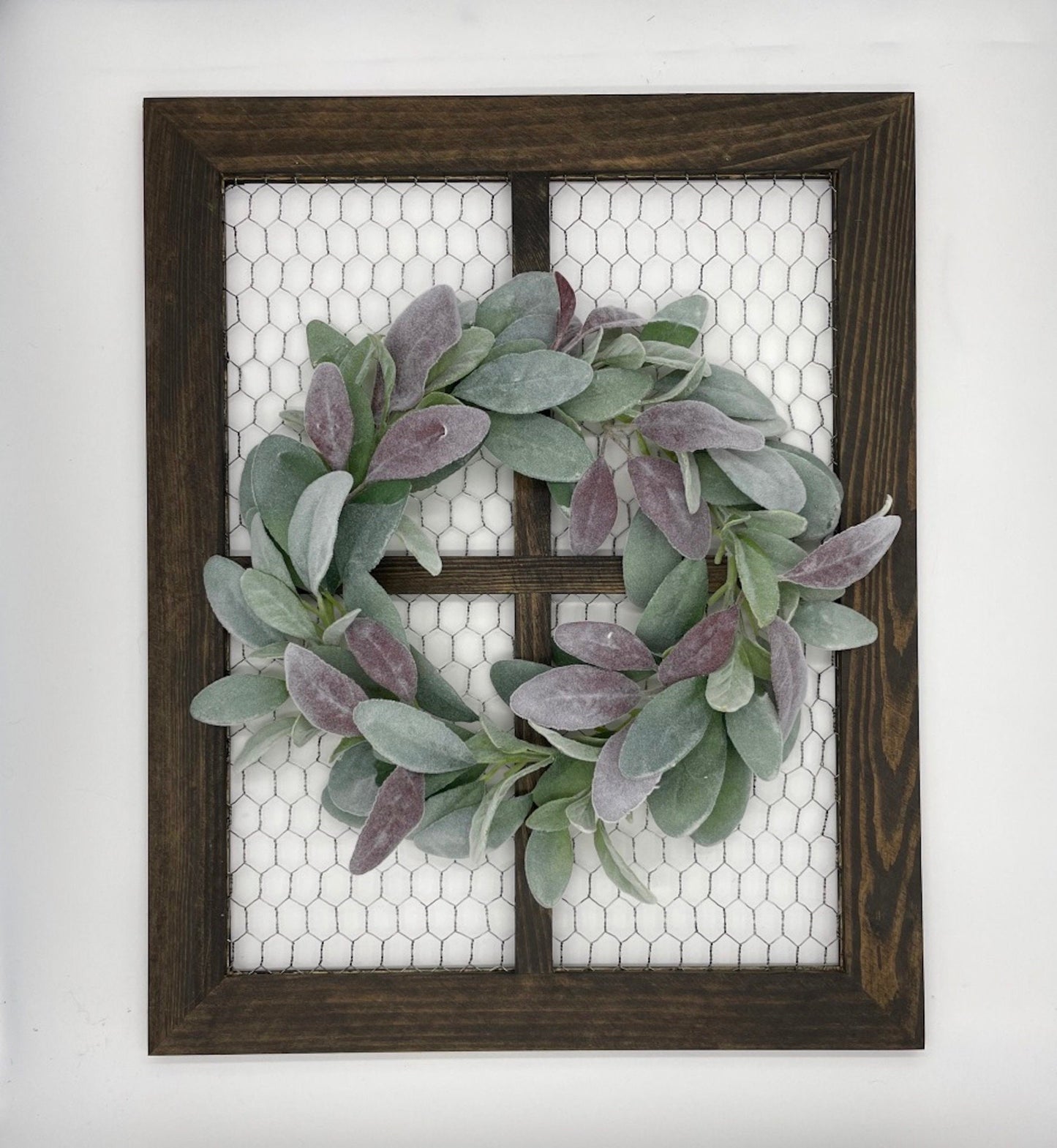 chicken wire frame stained in expresso color wih lush lambs ear wreath in dusty green and burgundy color