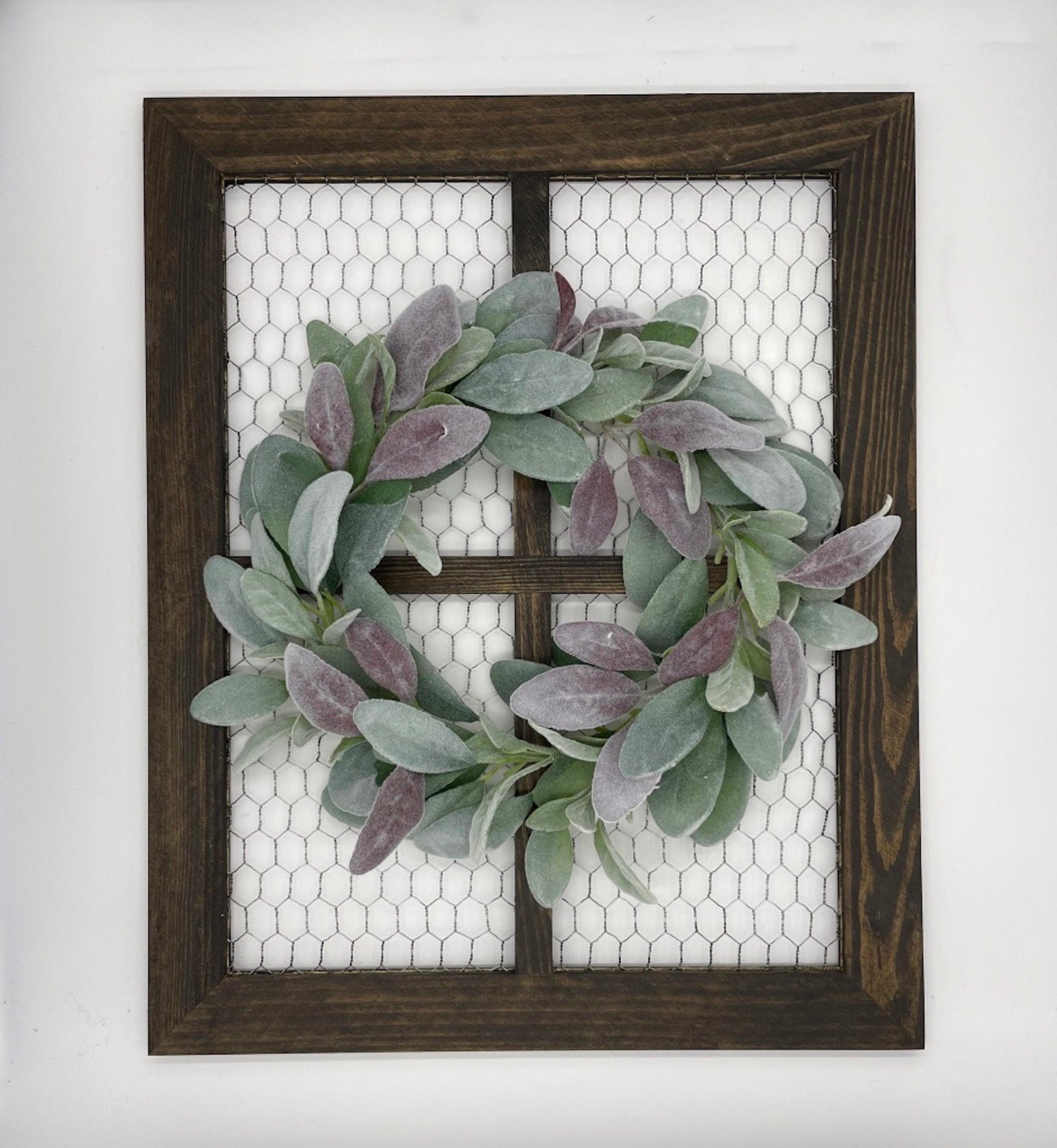 chicken wire frame stained in expresso color wih lush lambs ear wreath in dusty green and burgundy color