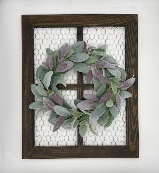 chicken wire frame stained in expresso color wih lush lambs ear wreath in dusty green and burgundy color