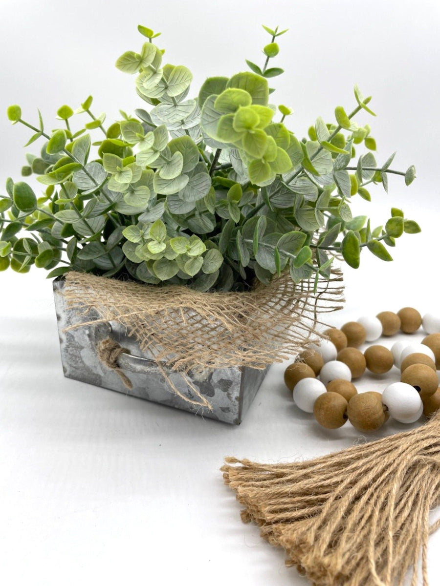 Faux Eucalyptus Arrangement in modern farmhouse style with burlap